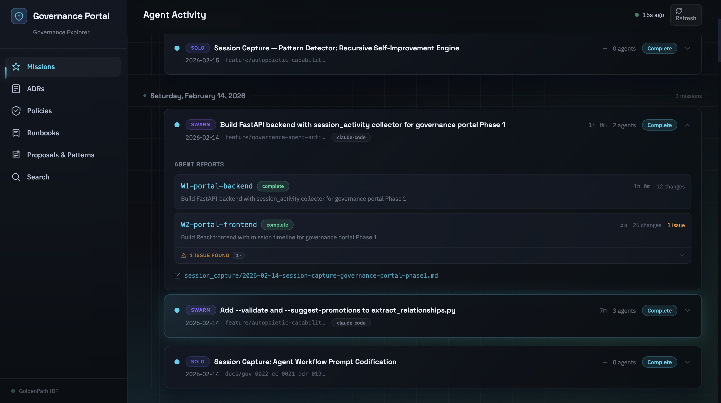 GovPort mission detail showing worker reports, statuses, and issue signals