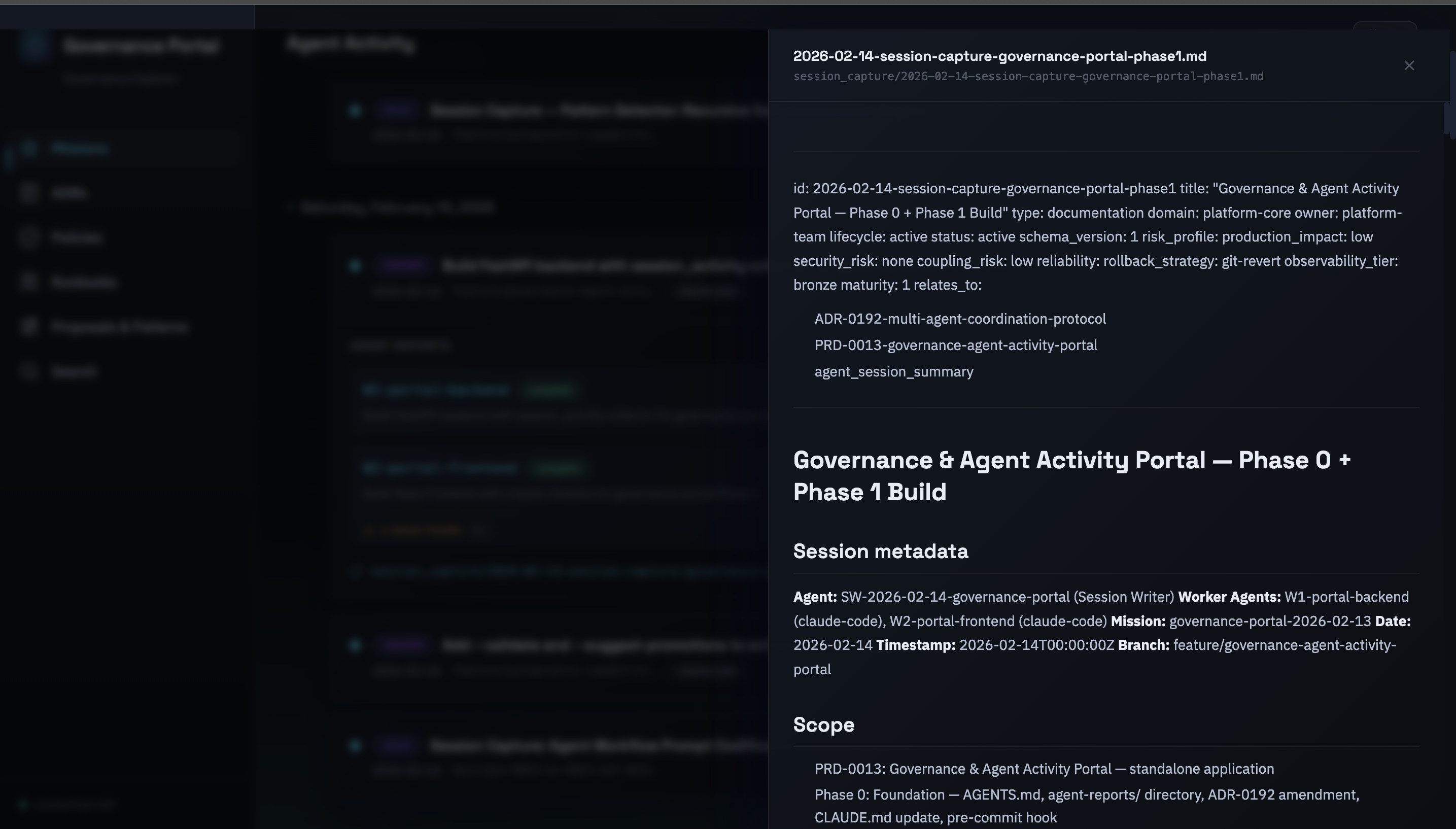 GovPort evidence drawer showing a session capture opened alongside mission activity